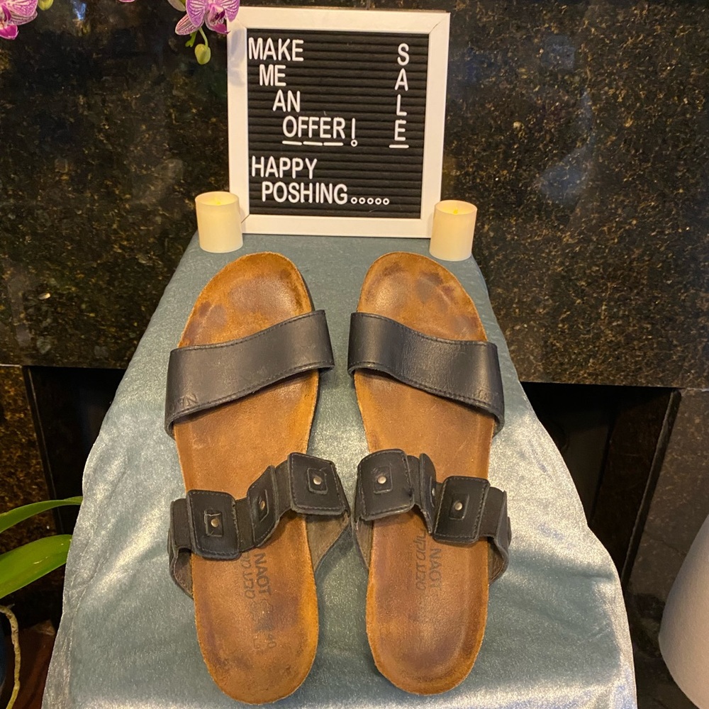 Naot Sandals. Dark Brown, Elastic Straps, Approx. Size 9.